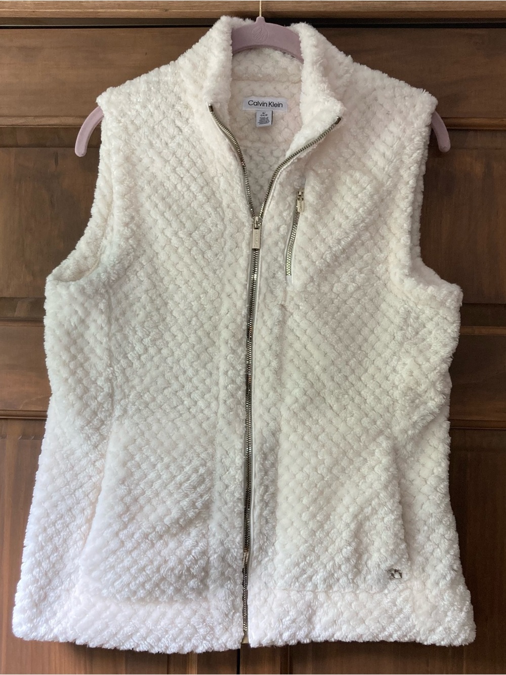 Calvin Klein Light Cream Fuzzy Zip-up Vest Small